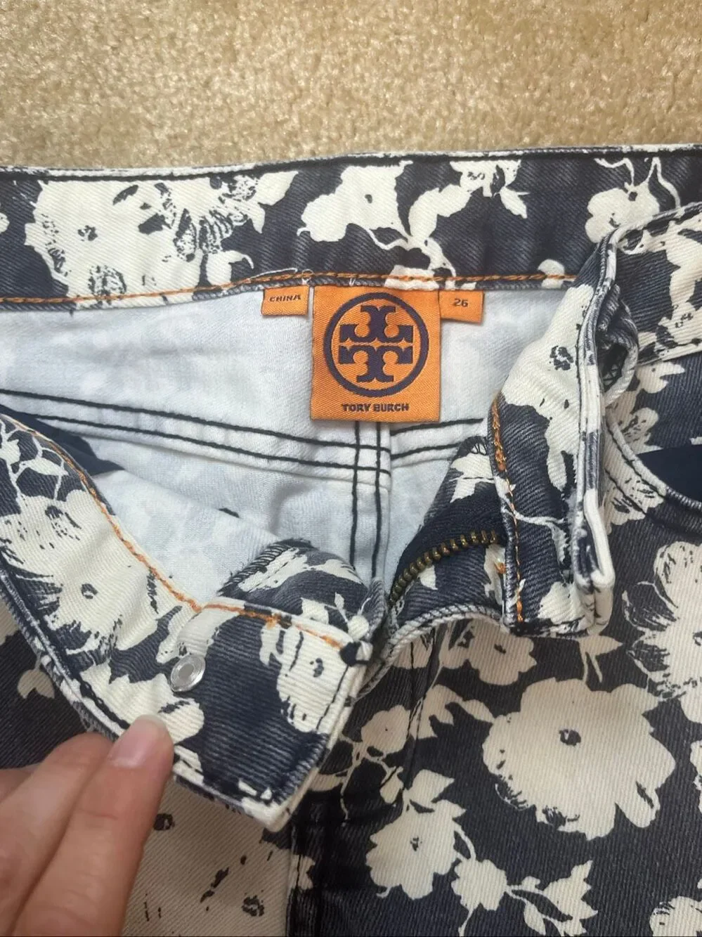 Tory Burch Floral Print Skinny Jeans Women’s Size 26 Blue White Cotton